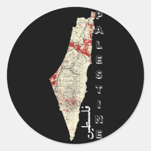 Pegatina Redonda Mapa de Palestina con la palabra Falastin en árabe