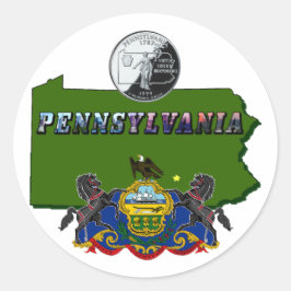 Pegatina Redonda Mapa de Pennsylvania, cuarto, bandera y texto de i