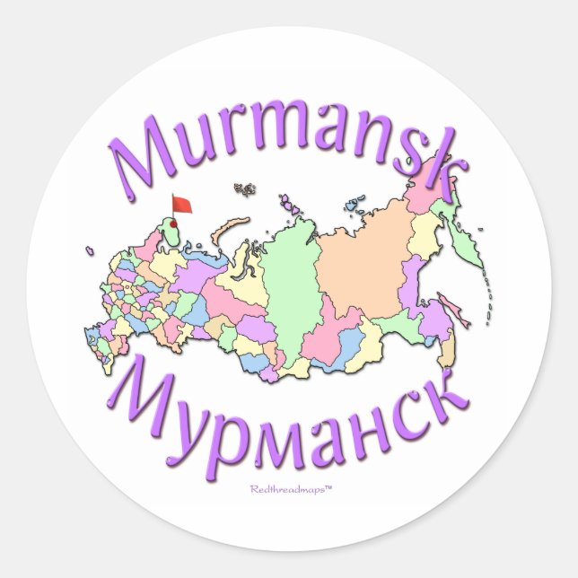 Pegatina Redonda Mapa de Rusia en Murmansk (Anverso)