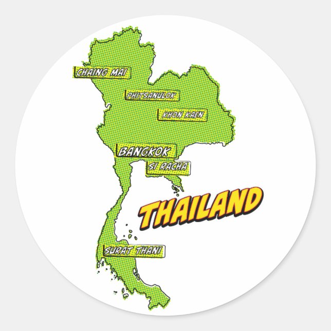 Pegatina Redonda Mapa de Tailandia ilustrado con arte pop (Anverso)