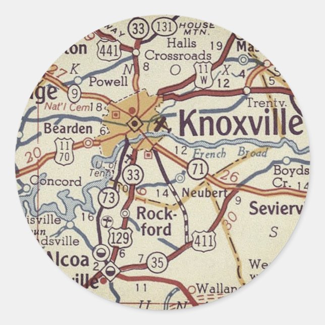 Pegatina Redonda Mapa de TN de Knoxville (Anverso)