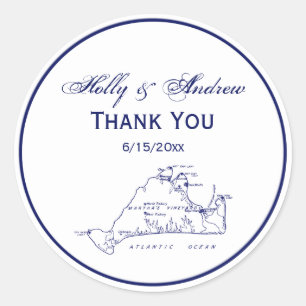 Pegatina Redonda Mapa de vintage de viña de Martha #1 azul de la ma