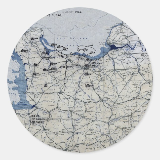 Pegatina Redonda Mapa del Día D de la Segunda Guerra Mundial, 6 de  (Anverso)