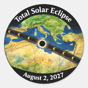 Pegatina Redonda Mapa del Eclipse Solar Total 2027