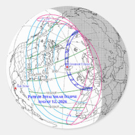 Pegatina Redonda Mapa del eclipse solar total de 2026
