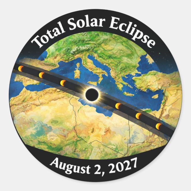 Pegatina Redonda Mapa del eclipse solar total de 2027 (Anverso)