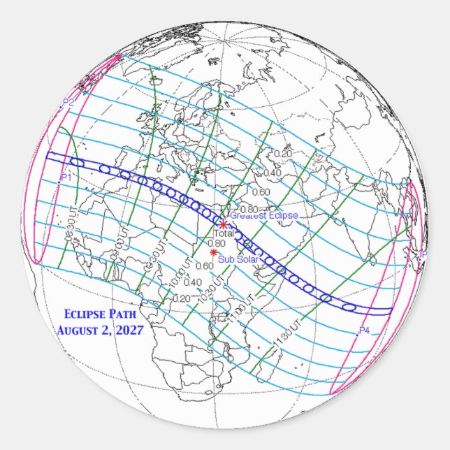 Pegatina Redonda Mapa del eclipse solar total de 2027 (Anverso)