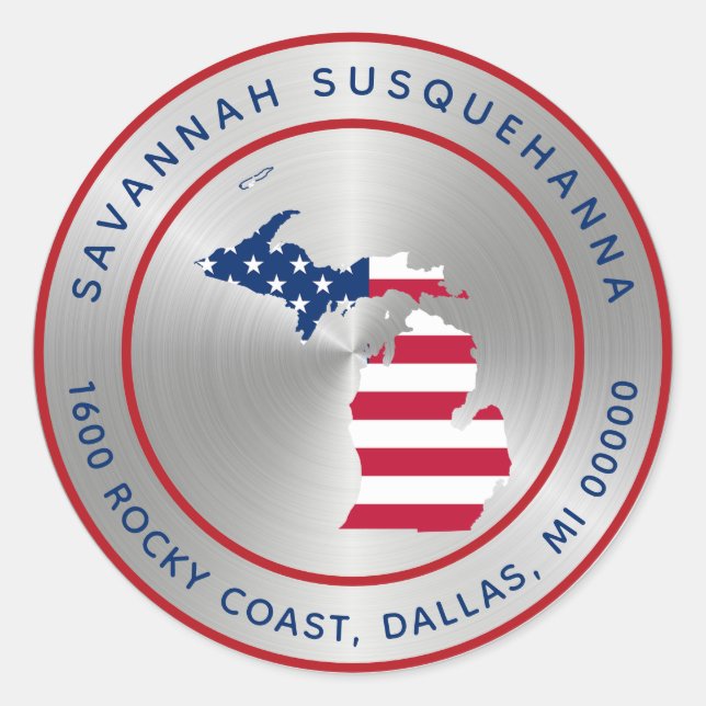 Pegatina Redonda Mapa del estado azul rojo de la plata Michigan (Anverso)