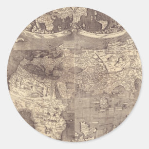 Pegatina Redonda Mapa del mundo 1507 de Martin Waldseemuller