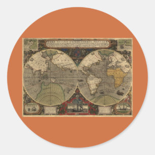 Pegatina Redonda Mapa del mundo 1595 del vintage de Jodocus Hondius
