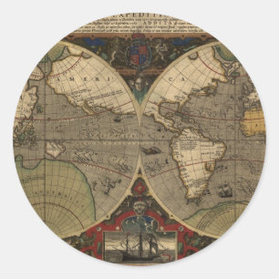 Pegatina Redonda Mapa del mundo 1595 del vintage de Jodocus Hondius