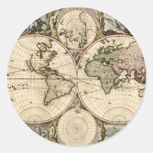 Pegatina Redonda Mapa del mundo antiguo de Nicolao Visscher, circa