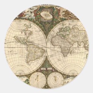 Pegatina Redonda Mapa del mundo de la antigua época 1660 de Frederi