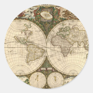 Pegatina Redonda Mapa del mundo de la antigua época 1660 de Frederi