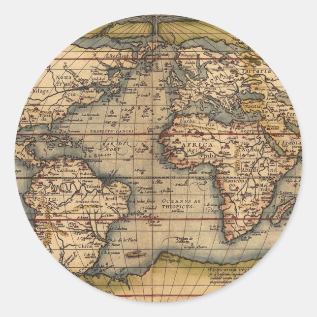 Pegatina Redonda Mapa del mundo de la cosecha de Abraham Ortelius 1 (Anverso)