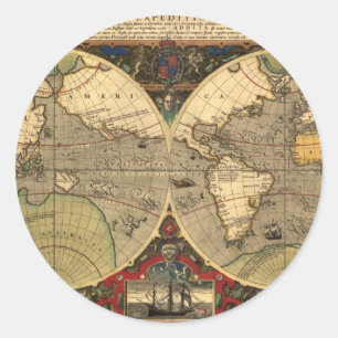 Pegatina Redonda Mapa del Mundo Náutico Antiguo