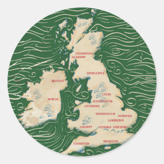 Pegatina Redonda Mapa del Poster verde vintage del Reino Unido