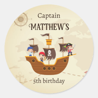 Pegatina Redonda Mapa del Tesoro de Barcos Piratas Fiesta de Cumple