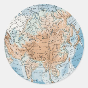 Pegatina Redonda Mapa físico de Asia (1916)