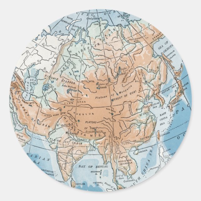 Pegatina Redonda Mapa físico de Asia (1916) (Anverso)