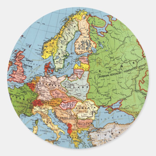 Pegatina Redonda Mapa general del siglo XX de la Vieja Europa (Anverso)