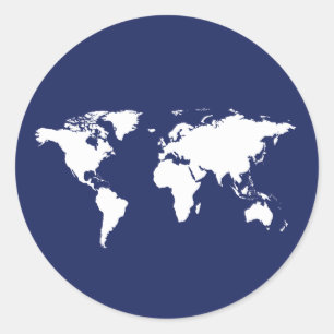 Pegatina Redonda mapa gráfico del mundo blanco en azul