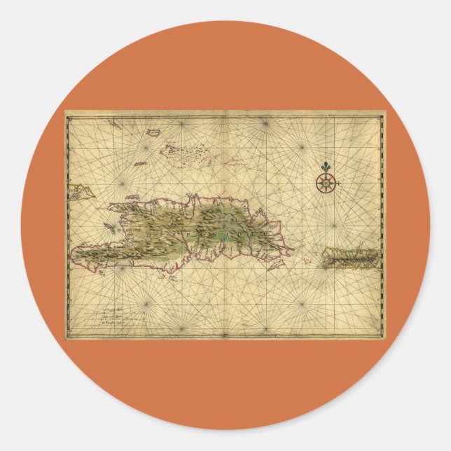 Pegatina Redonda Mapa histórico de la Española de 1639 - Joan Vinck (Anverso)