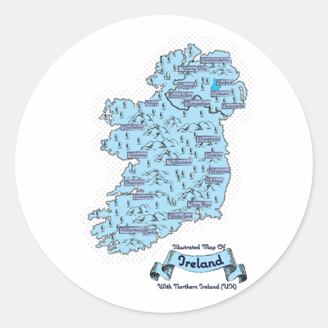 Pegatina Redonda Mapa ilustrado de viajes de Irlanda (Anverso)