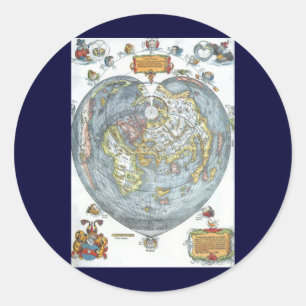 Pegatina Redonda Mapa Mundial Antiguo en Forma de Corazón Vintage P