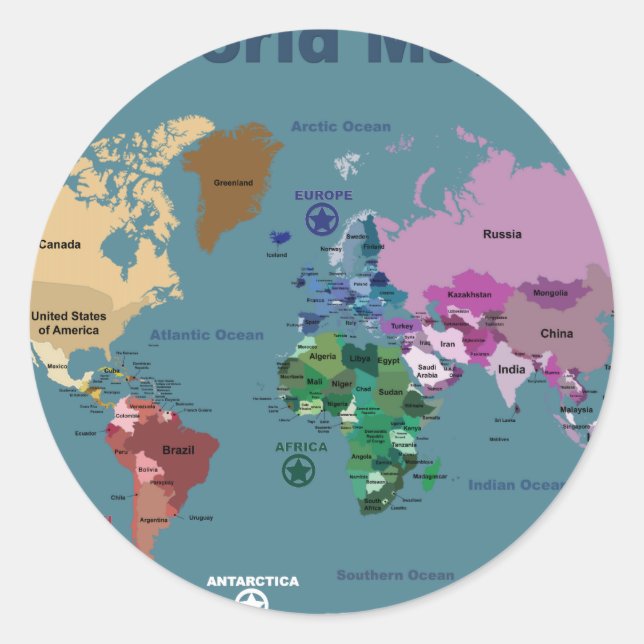 Pegatina Redonda Mapa Mundial para Niños con Banderas (Anverso)