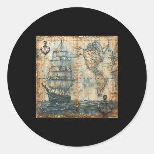 Pegatina Redonda Mapa náutico antiguo vintage barco pirata velero m