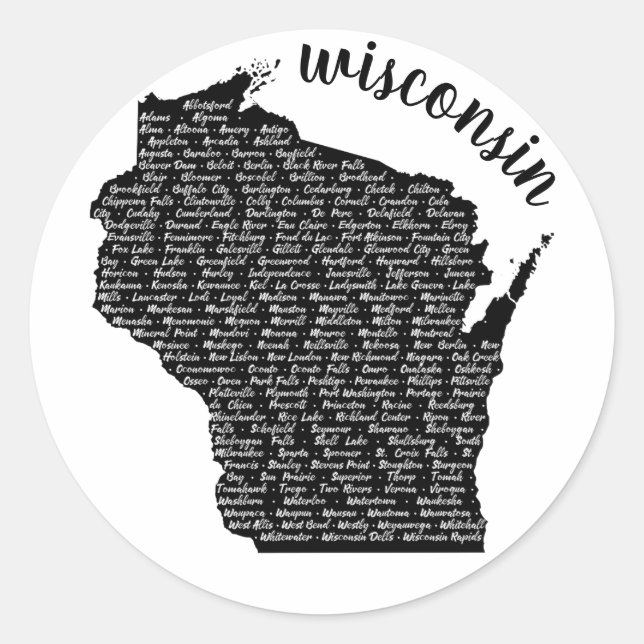 Pegatina Redonda Mapa negro de ciudades de Wisconsin (Anverso)