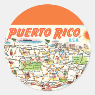 Pegatina Redonda Mapa Retro de Puerto Rico