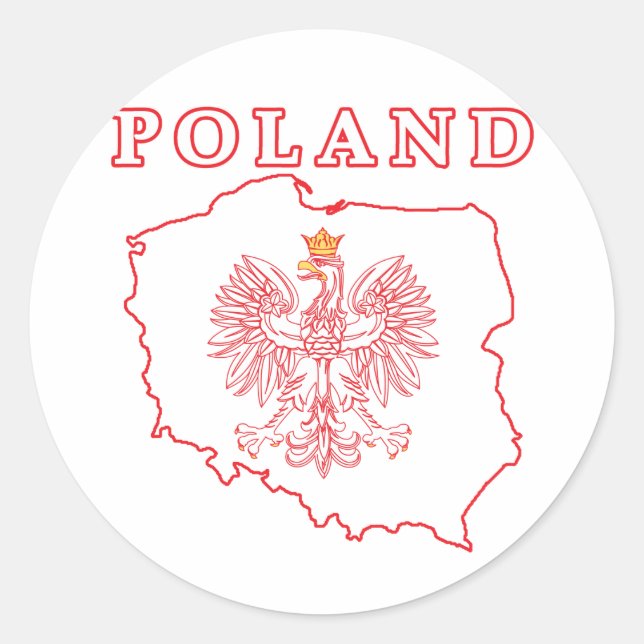 Pegatina Redonda Mapa Rojo De Polonia Con Águila (Anverso)