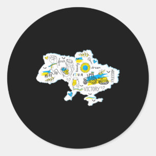 Pegatina Redonda Mapa Ucrania - Emblema Nacional Ucraniano - Ucrani