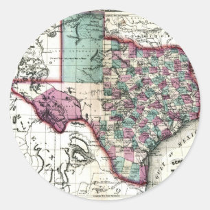 Pegatina Redonda Mapa viejo de Texas de 1866