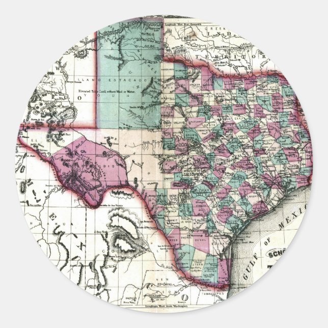 Pegatina Redonda Mapa viejo de Texas de 1866 (Anverso)