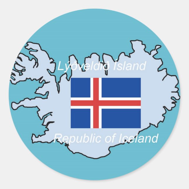 Pegatina Redonda Mapa y bandera de la República de Islandia (Anverso)