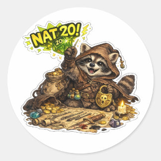 Pegatina Redonda Mapache acumulador de dados Nat 20 Sticker de RPG