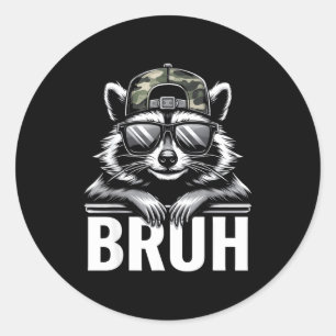 Pegatina Redonda Mapache Bruh Basura Mapache Gorra Camuflaje Joven