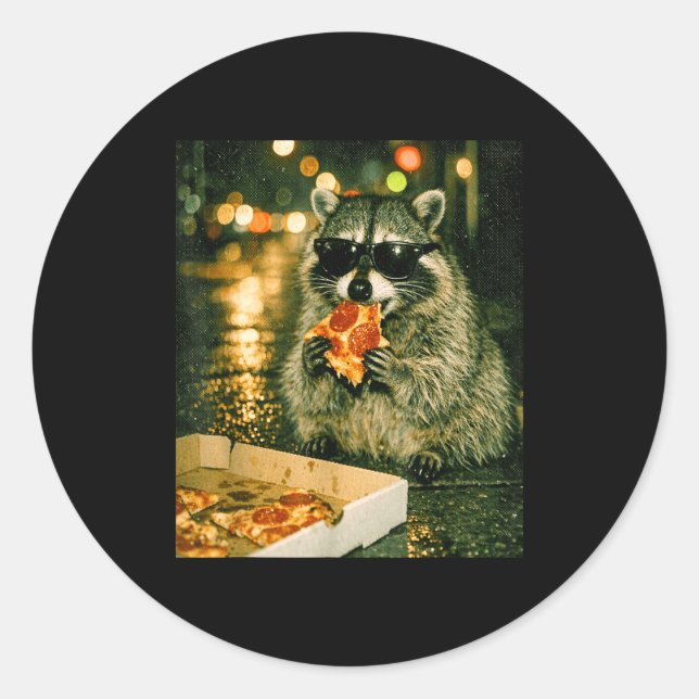 Pegatina Redonda Mapache divertido comiendo pizza animal meme mapac (Anverso)