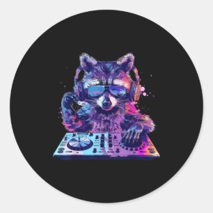 Pegatina Redonda Mapache Dj Edm Techno House Música Animal Divertid