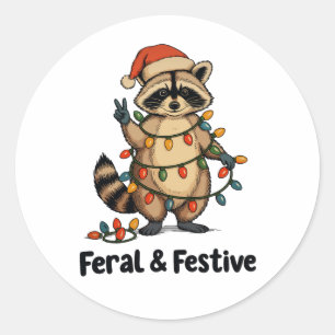 Pegatina Redonda Mapache Feral y Festivo Luces de Navidad