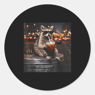 Pegatina Redonda Mapache genial bebiendo café helado animal gatos m