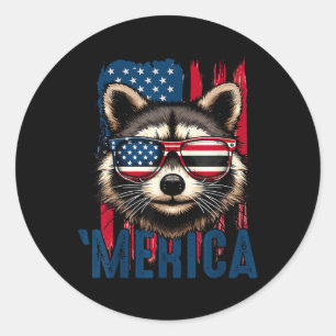 Pegatina Redonda Mapache 'Merica Feliz 4 De Julio Mapache Bandera A