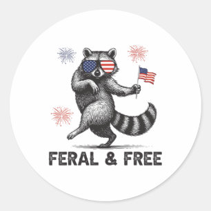 Pegatina Redonda Mapache Patriótico Feral Pero Libre Bandera De Usa