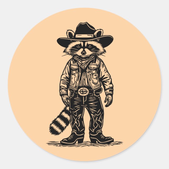 Pegatina Redonda mapache vaquero (Anverso)