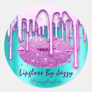 Pegatina Redonda Maquillaje Lipgloss Pink Confetti Drips