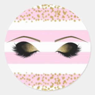 Pegatina Redonda Maquillaje Pestañas Dorado Rosa Blanco Fiesta de B
