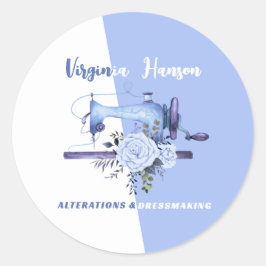 Pegatina Redonda Máquina de coser Boho Blue Floral Seamstress Tailo